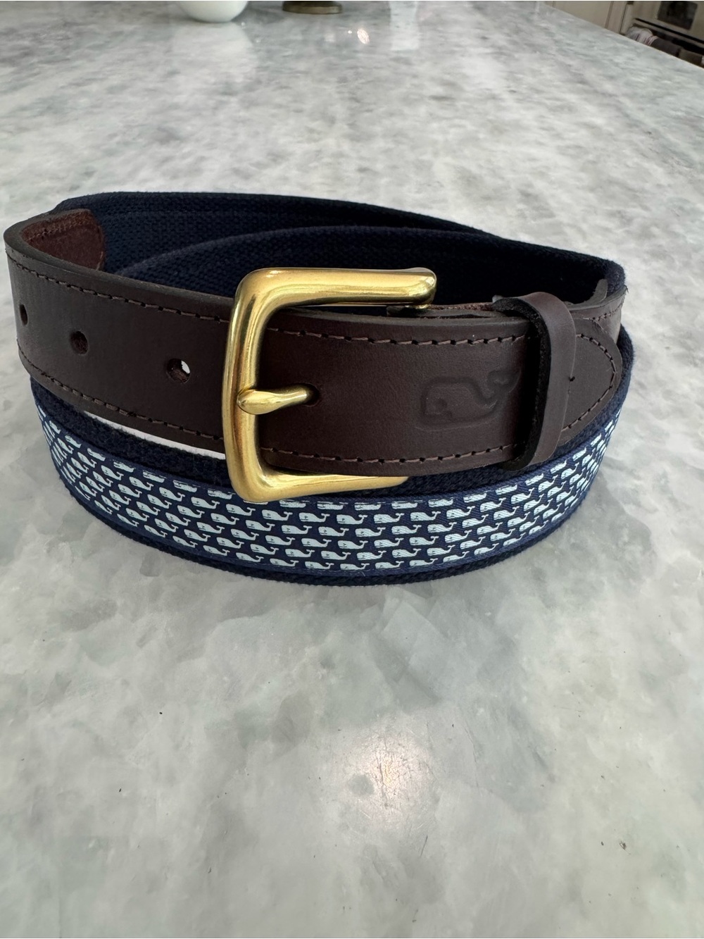 Vineyard Vines Navy & Brown Whale Embroidered Belt with Brass Buckle